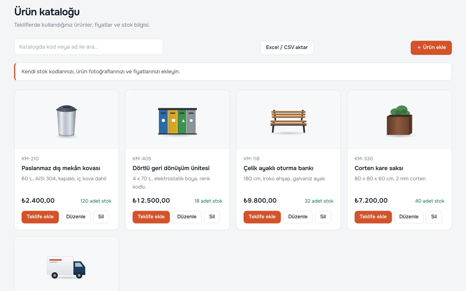 Offerneta panelinde ürün kataloğu: görselli ürün kartları, fiyat ve stok