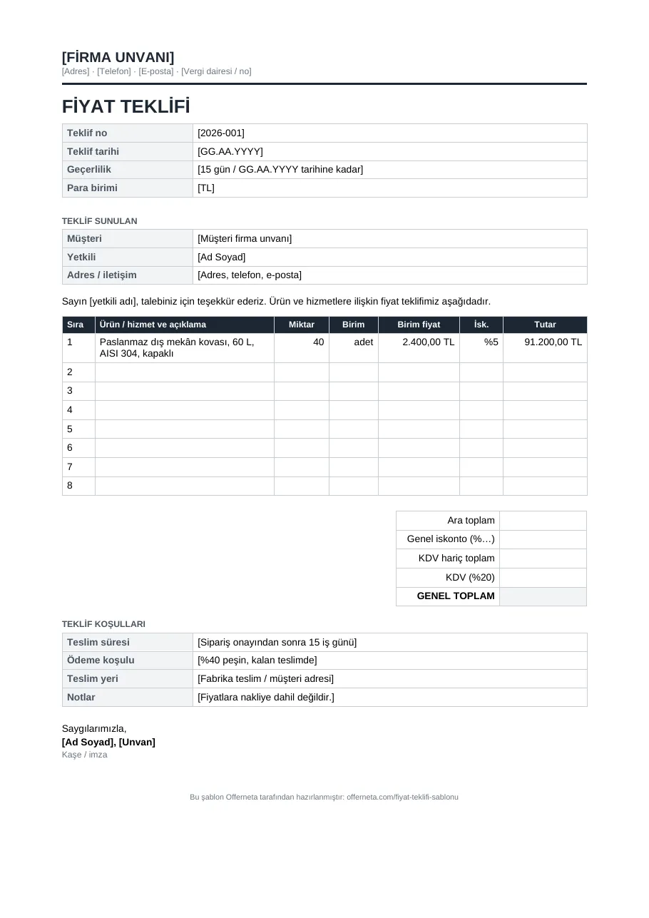 Word fiyat teklifi şablonu: firma, müşteri, ürün satırları, toplamlar ve teklif koşulları alanları